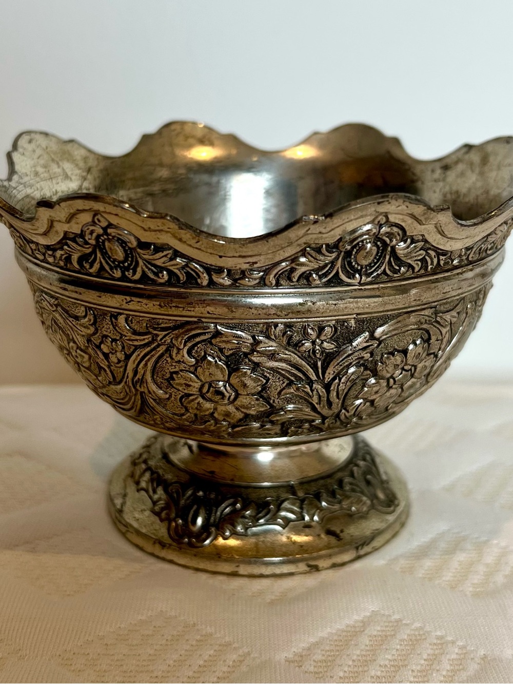 Repousse Vintage Silver Plate Ornate Bowl 1950s Japanese Heavy Patina Pedestal